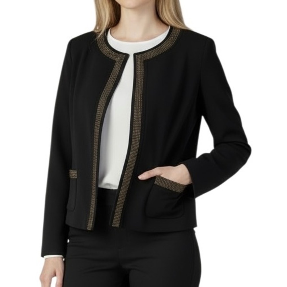 Elie Tahari Black Silk Studded Collarless Blazer Size S Snap Front Evening